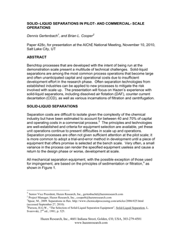 Solid–Liquid Separations in Pilot- and Commercial- Scale Operations