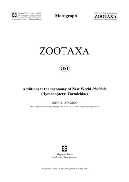 Zootaxa, Additions to the Taxonomy of New World Pheidole