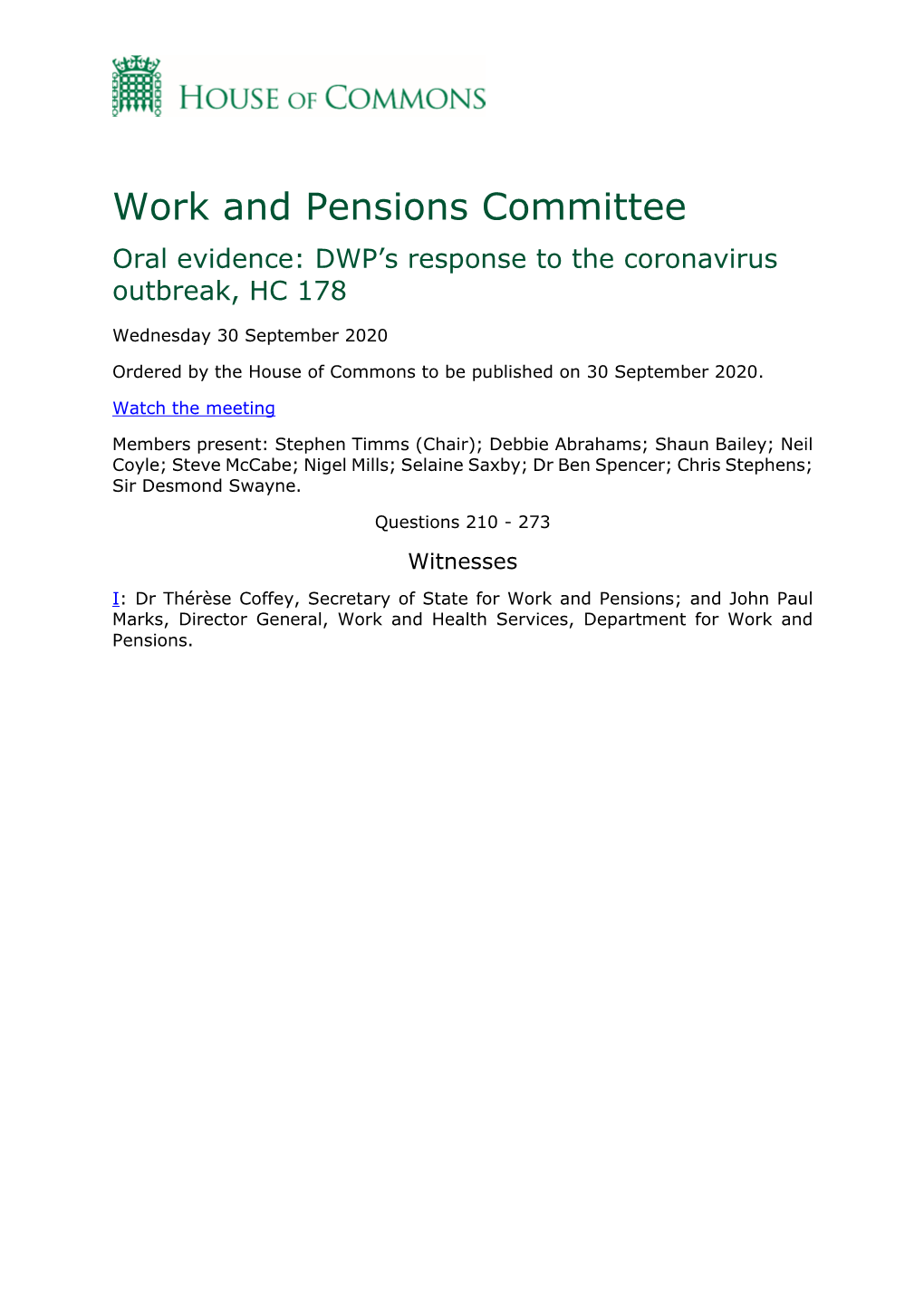 Work and Pensions Committee Oral Evidence: DWP’S Response to the Coronavirus Outbreak, HC 178
