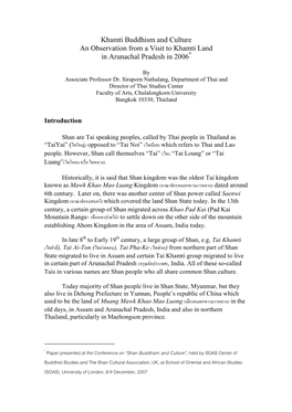 Khamti Buddhism and Culture an Observation from a Visit to Khamti Land in Arunachal Pradesh in 2006 *
