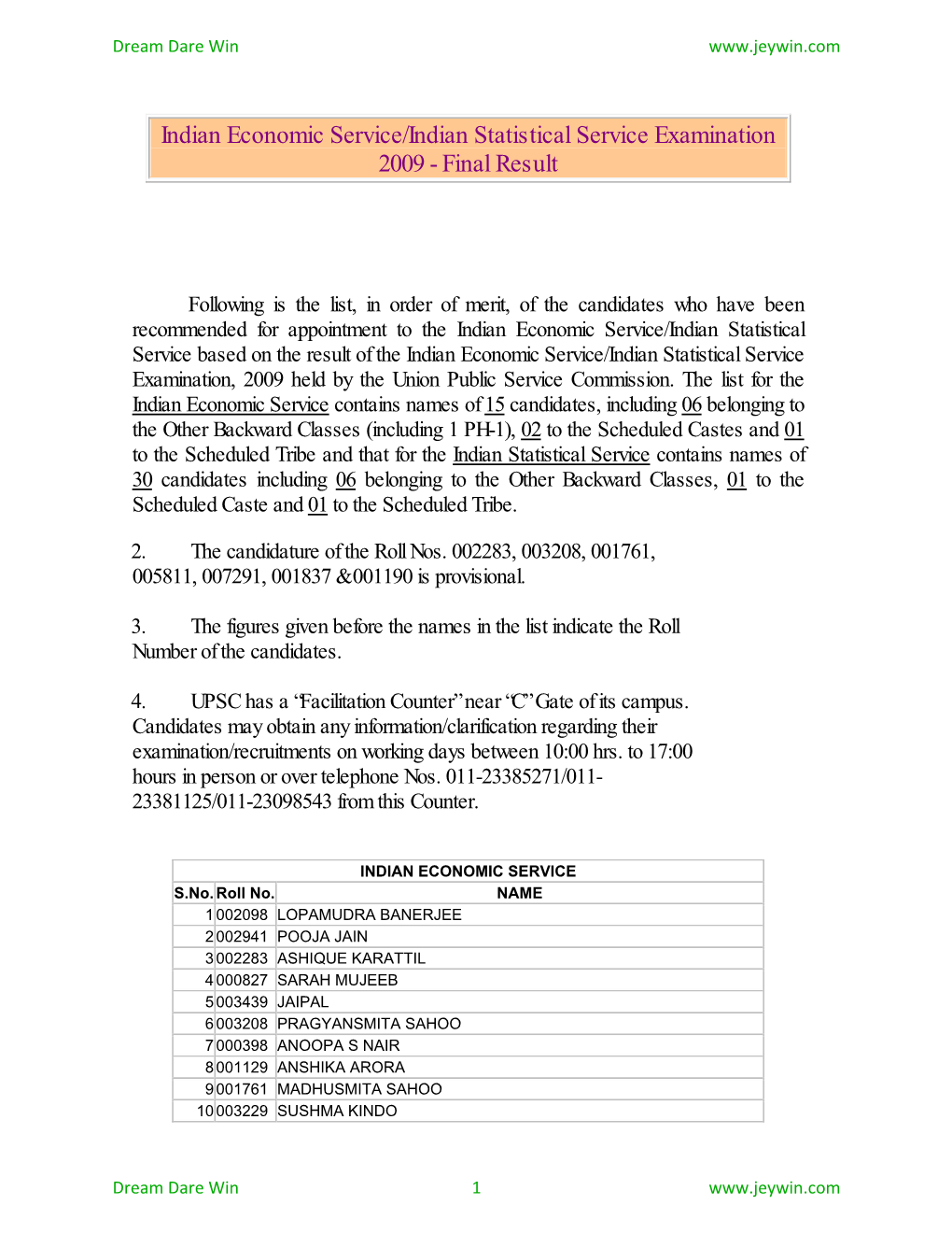 Indian Economic Service/Indian Statistical Service Examination 2009 - Final Result