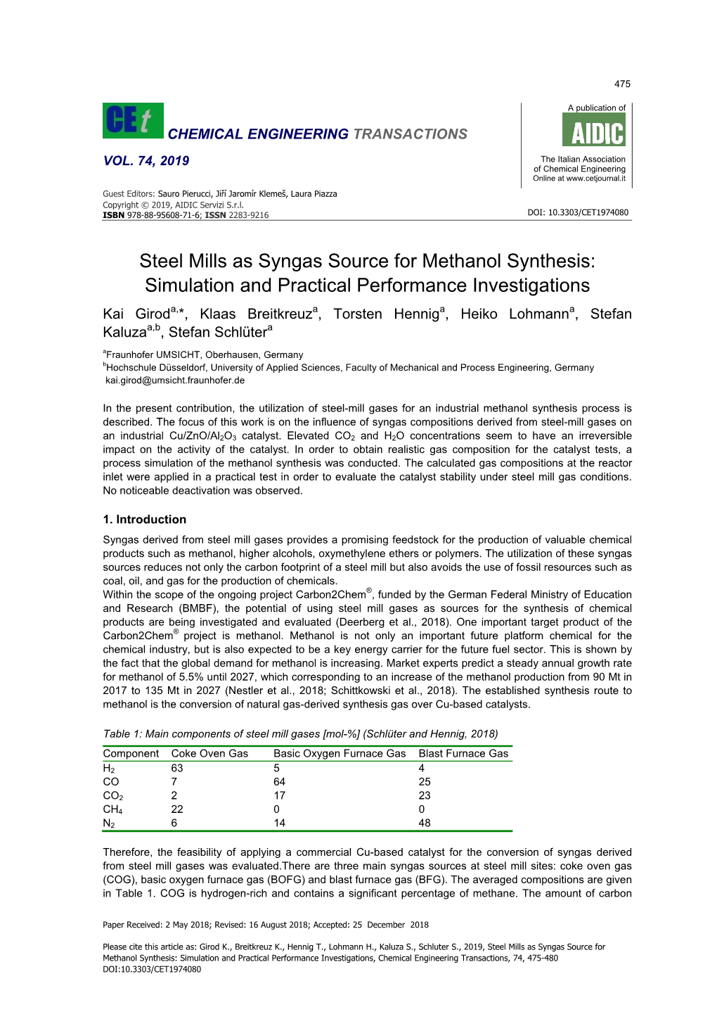 Steel Mills As Syngas Source for Methanol Synthesis