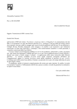 Alessandria, 8 Gennaio 2016 Prot. N. 001/2016/PDF Alla CA Della Prof