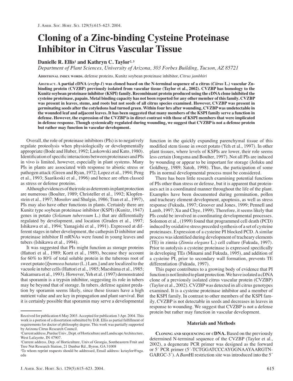 Cloning of a Zinc-Binding Cysteine Proteinase Inhibitor in Citrus Vascular Tissue