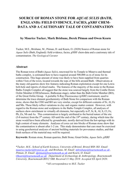 SOURCE of ROMAN STONE for AQUAE SULIS (BATH, ENGLAND): FIELD EVIDENCE, FACIES, Pxrf CHEM- DATA and a CAUTIONARY TALE of CONTAMINATION