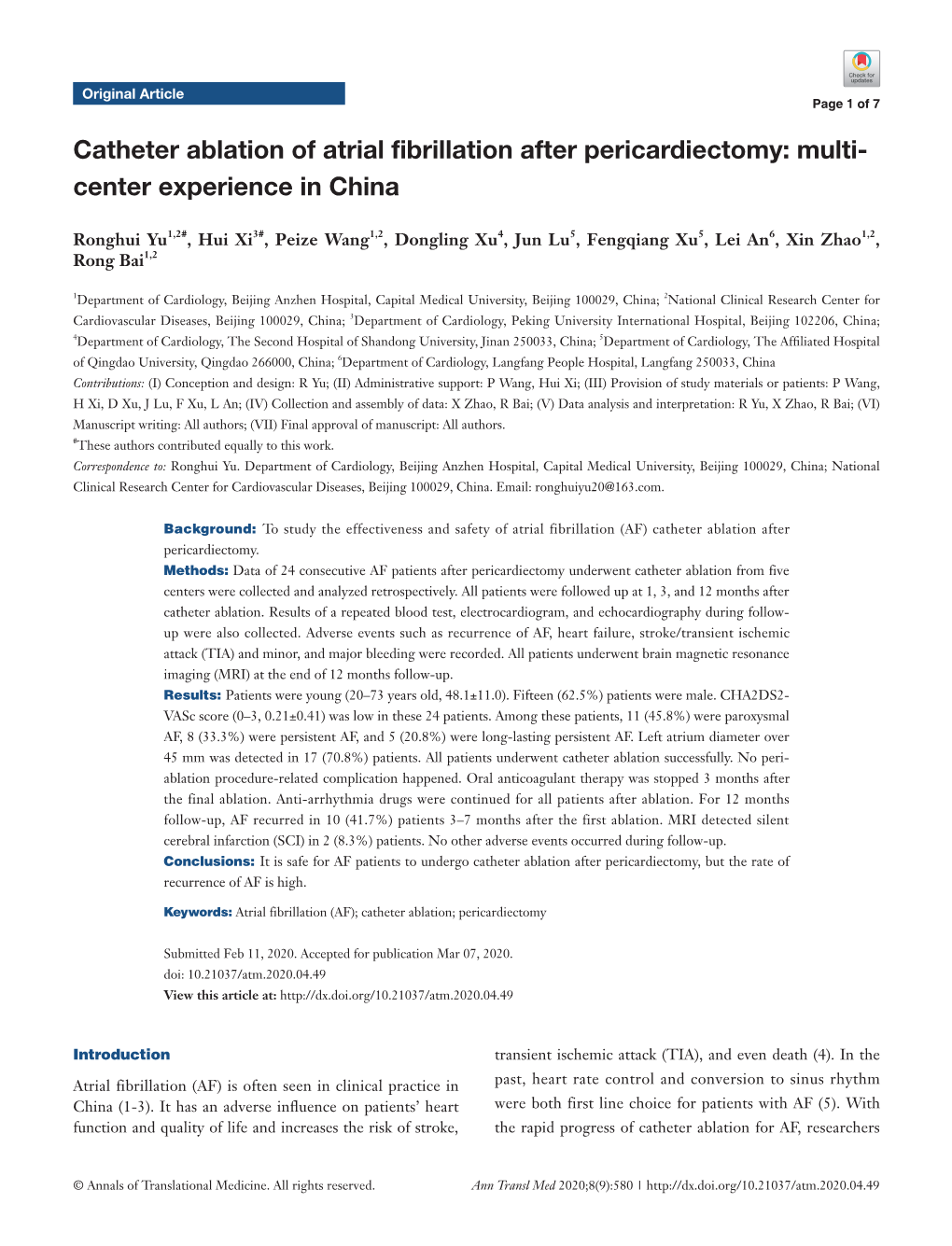 Catheter Ablation of Atrial Fibrillation After Pericardiectomy: Multi- Center Experience in China