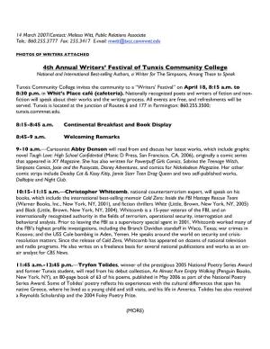 4Th Annual Writers' Festival of Tunxis Community College