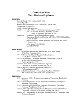 Curriculum Vitae Vern Sheridan Poythress