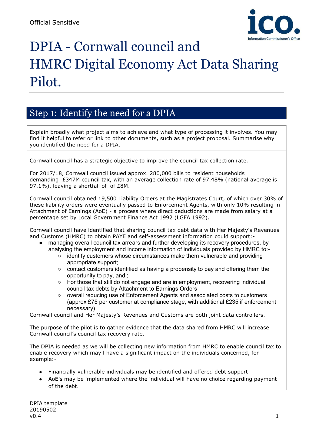 DPIA - Cornwall Council and HMRC Digital Economy Act Data Sharing Pilot