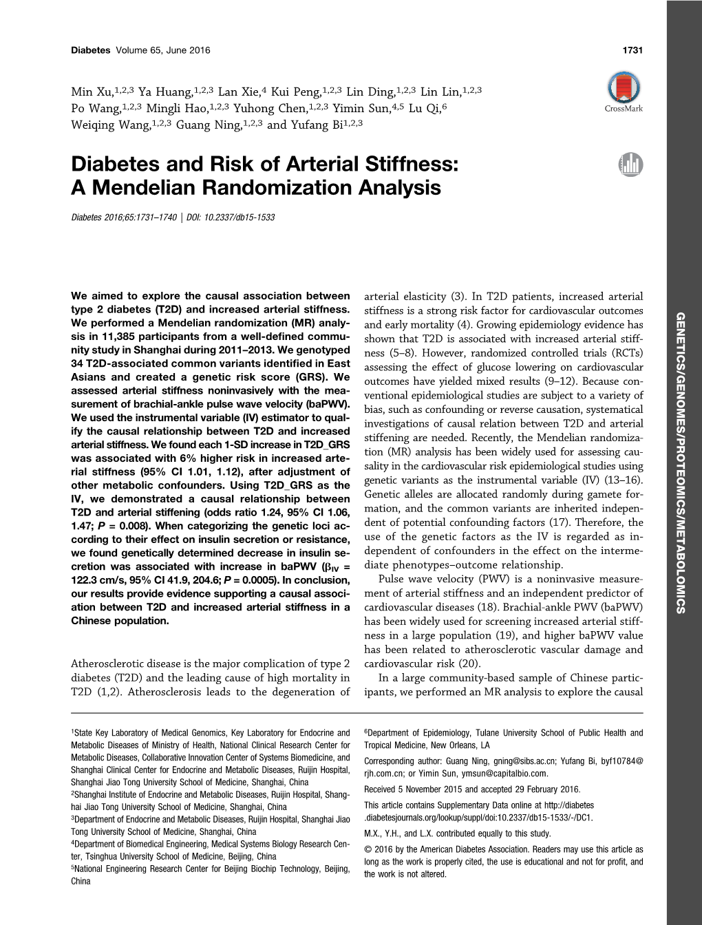 Diabetes and Risk of Arterial Stiffness: a Mendelian Randomization Analysis