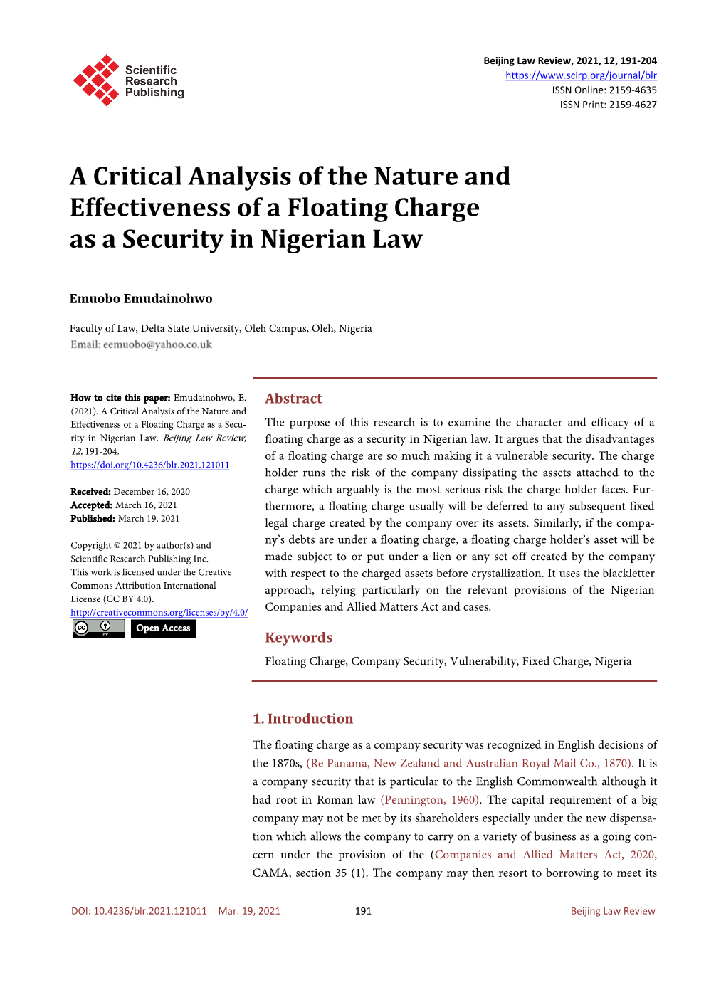 A Critical Analysis of the Nature and Effectiveness of a Floating Charge As a Security in Nigerian Law