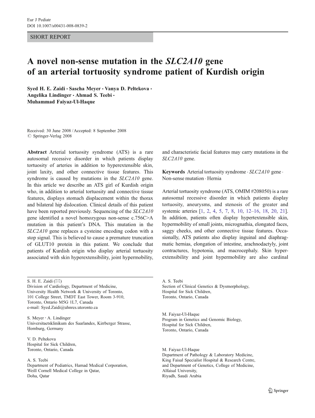 A Novel Non-Sense Mutation in the SLC2A10 Gene of an Arterial Tortuosity Syndrome Patient of Kurdish Origin