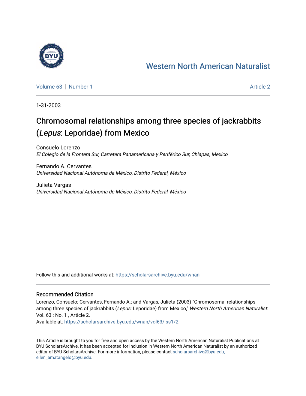 Chromosomal Relationships Among Three Species of Jackrabbits (Lepus: Leporidae) from Mexico