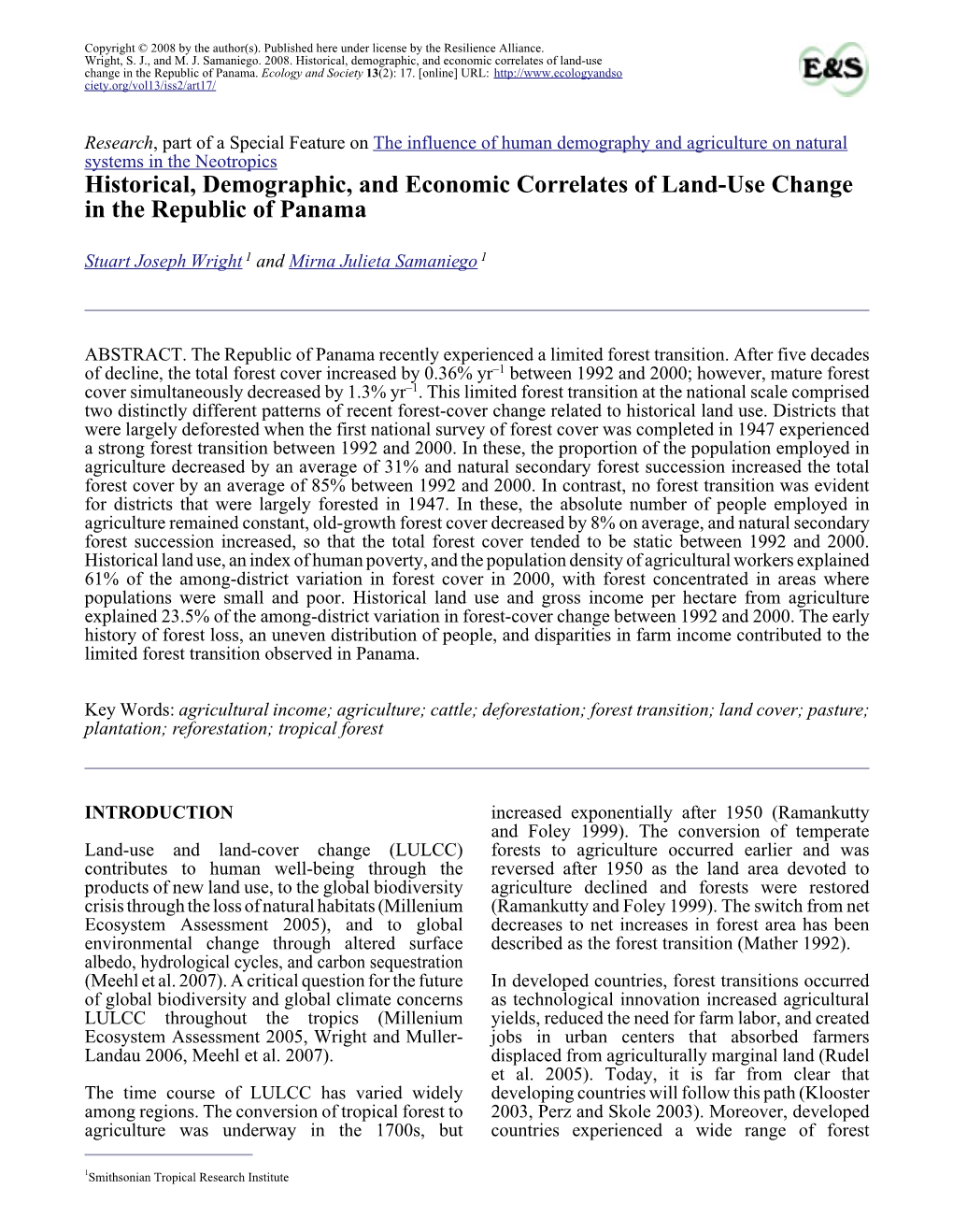 Historical, Demographic, and Economic Correlates of Land-Use Change in the Republic of Panama