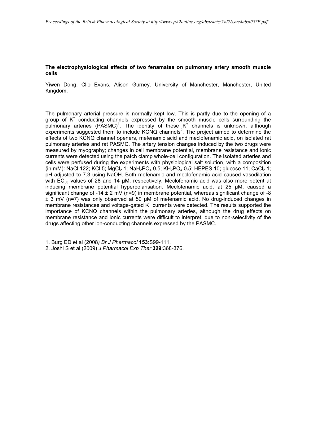 The Electrophysiological Effects of Two Fenamates on Pulmonary Artery Smooth Muscle Cells