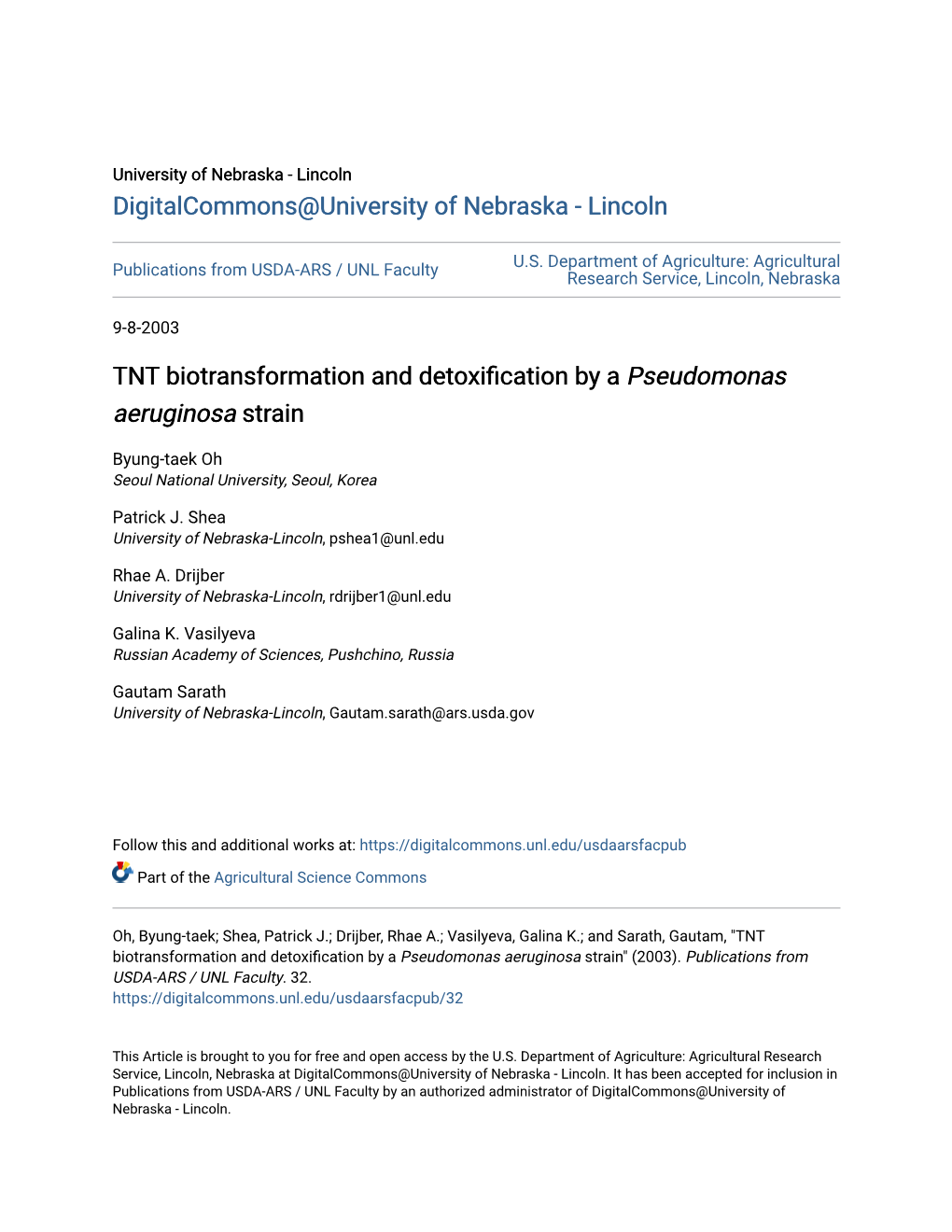 TNT Biotransformation and Detoxification by a Pseudomonas Aeruginosa Strain" (2003)
