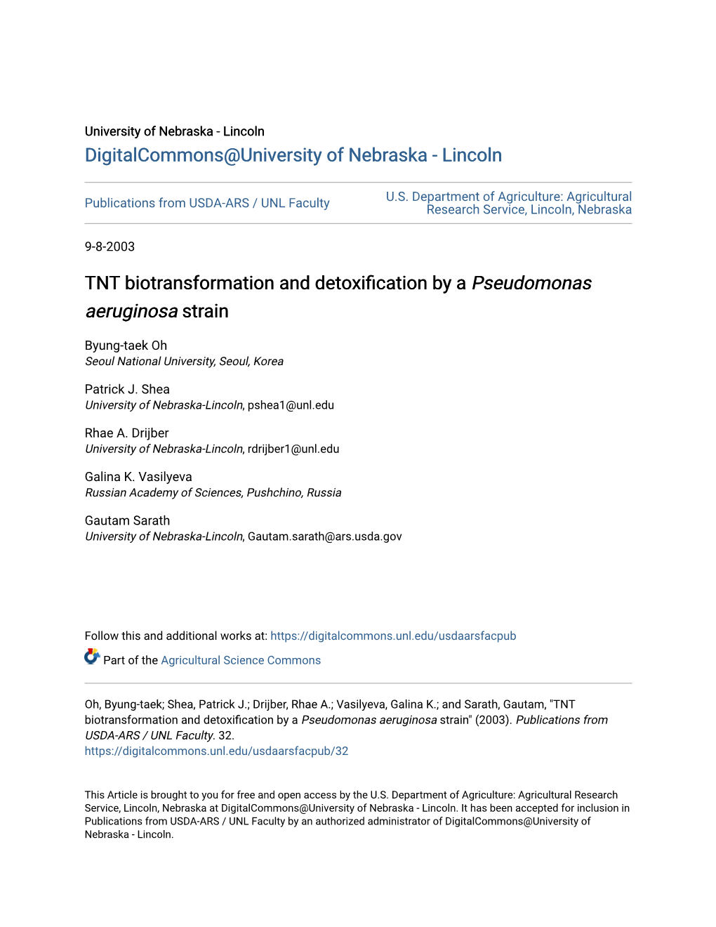 TNT Biotransformation and Detoxification by a Pseudomonas Aeruginosa Strain