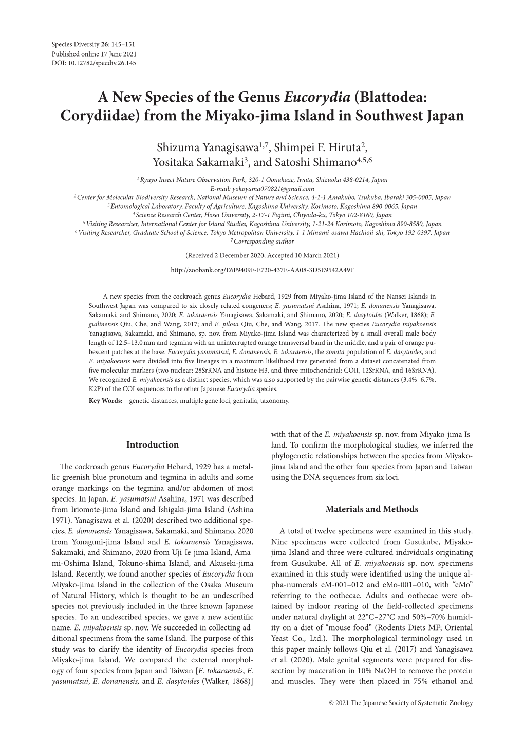 A New Species of the Genus Eucorydia (Blattodea: Corydiidae) from the Miyako-Jima Island in Southwest Japan