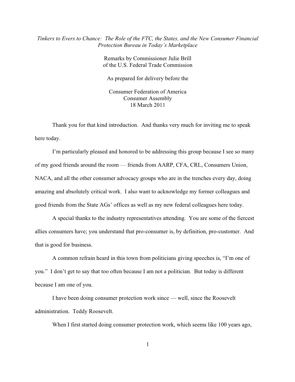 Tinkers to Evers to Chance: the Role of the FTC, the States, and the New Consumer Financial Protection Bureau in Today’S Marketplace