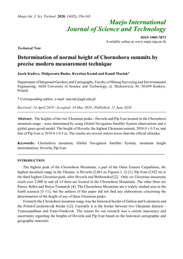 Determination of Normal Height of Chornohora Summits by Precise Modern Measurement Technique