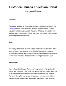 Historica Canada Education Portal Jacques Plante