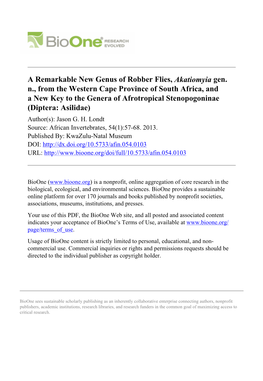 A Remarkable New Genus of Robber Flies, Akatiomyia Gen. N., from the Western Cape Province of South Africa, and a New Key To