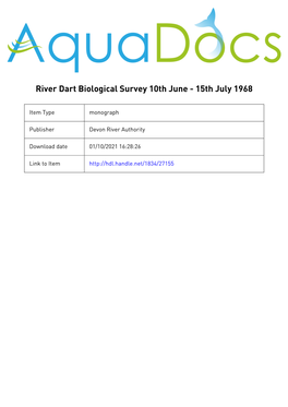 River Dart Biological Survey 10Th June - 15Th July 1968