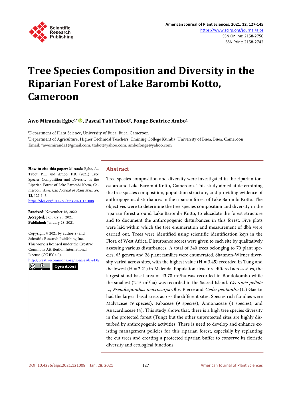 Tree Species Composition and Diversity in the Riparian Forest of Lake Barombi Kotto, Cameroon