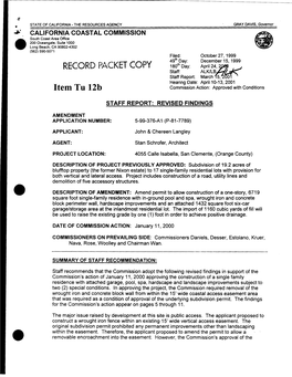 RECORD PACKET COPY 180 Hday: April24~~ Staff: ALKILB Staff Report: March 5, 01 Hearing Date: April10-13, 2001 Item Tu 12B Commission Action: Approved with Conditions