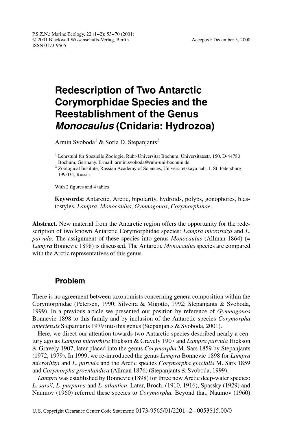 Redescription of Two Antarctic Corymorphidae Species and the Reestablishment of the Genus Monocaulus (Cnidaria: Hydrozoa)
