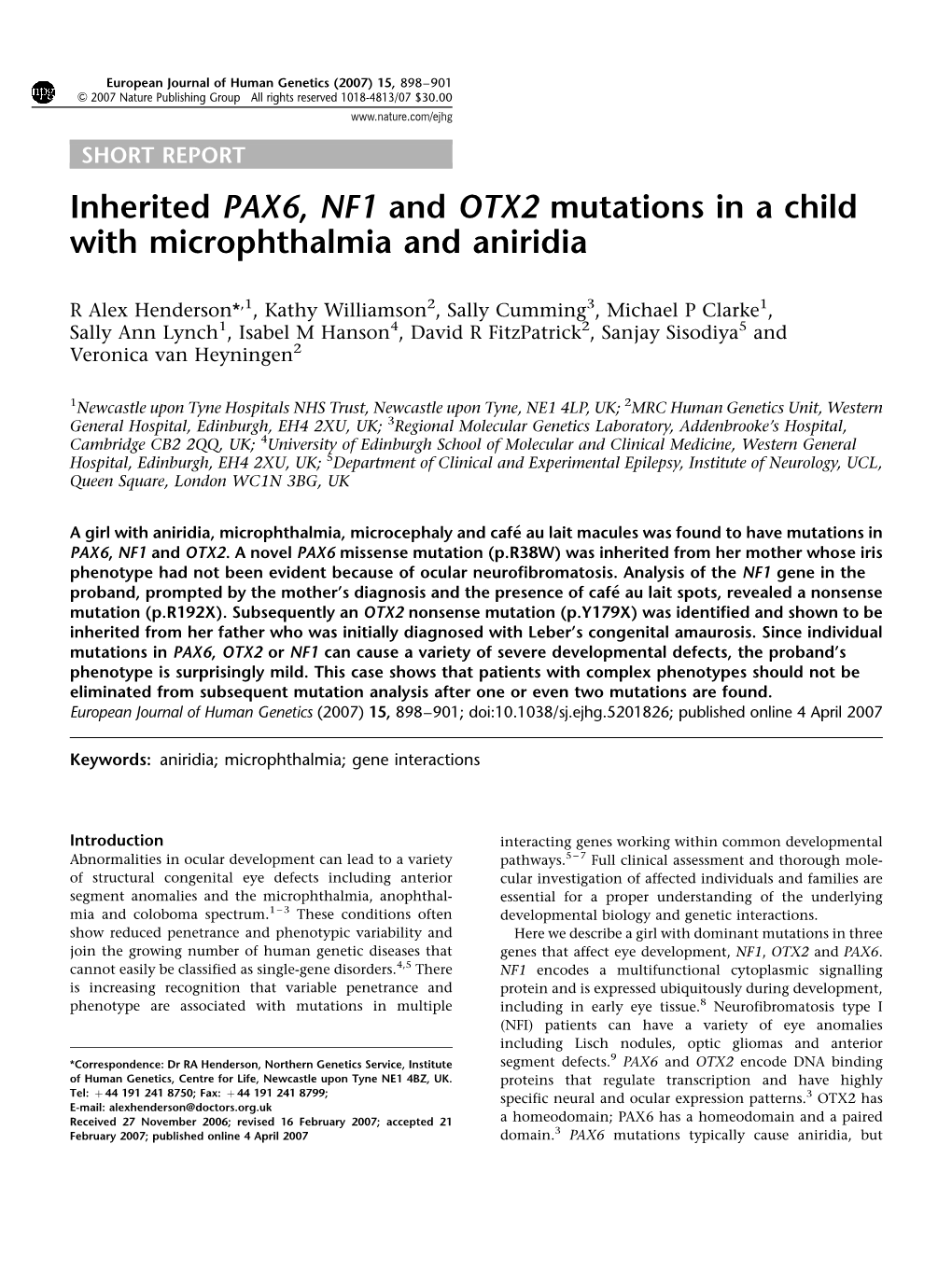 Inherited PAX6, NF1 and OTX2 Mutations in a Child with Microphthalmia and Aniridia