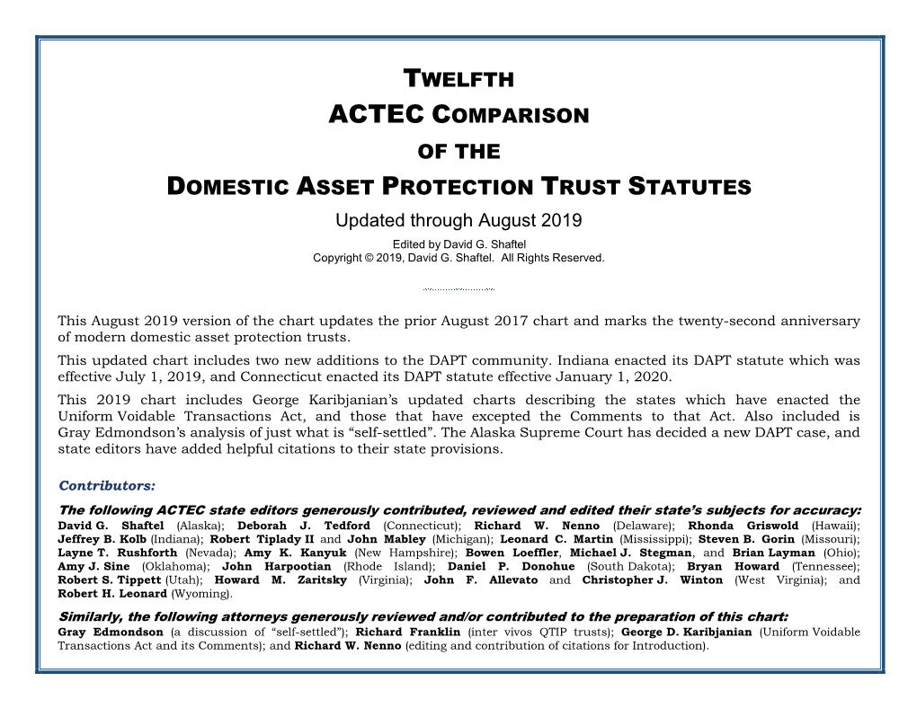 DOMESTIC ASSET PROTECTION TRUST STATUTES Updated Through August 2019 Edited by David G