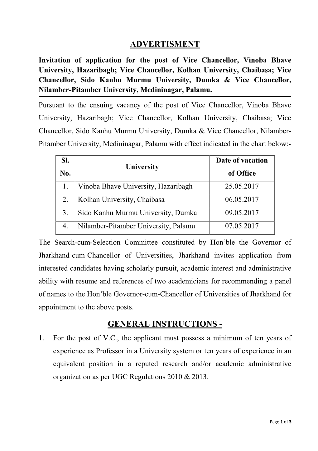 Advertisement + General Instructions for V.C of 4 Universities