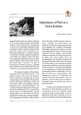 Importance of Puri As a Saiva Kshetra