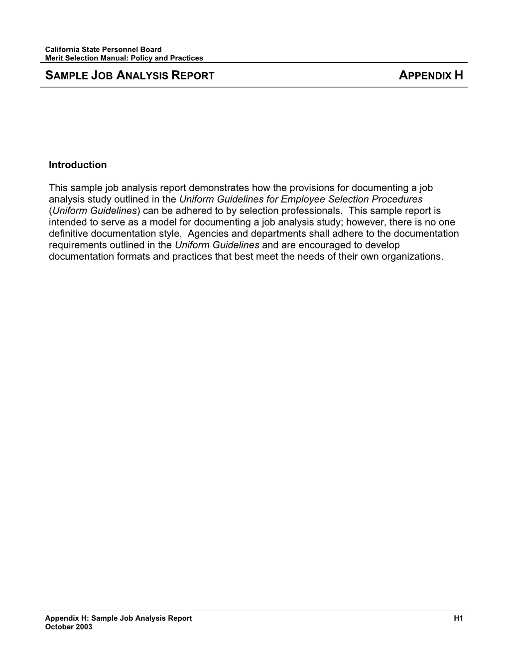 Sample Job Analysis Report Appendix H
