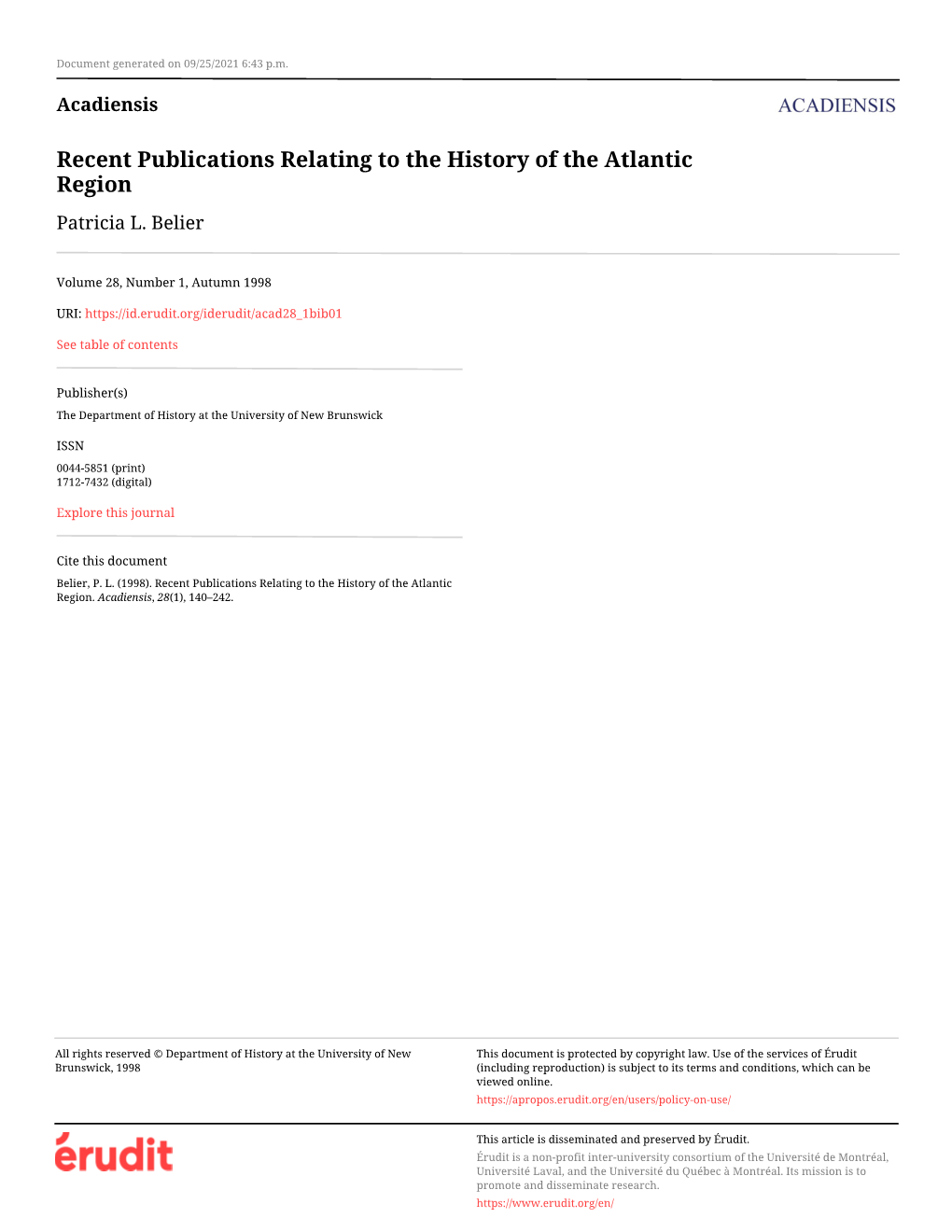 Recent Publications Relating to the History of the Atlantic Region Patricia L