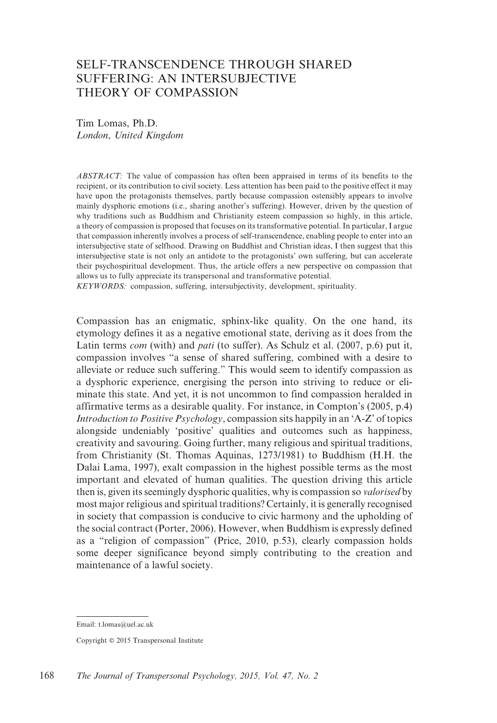 Self-Transcendence Through Shared Suffering: an Intersubjective Theory of Compassion