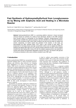 Fast Synthesis of Hydroxymethylfurfural from Levoglucoseno- Ne by Mixing with Sulphuric Acid and Heating in a Microtube Reactor