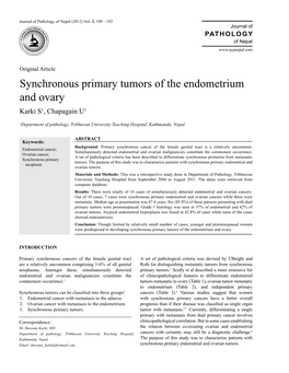 Synchronous Primary Tumors of the Endometrium and Ovary Karki S1, Chapagain U1