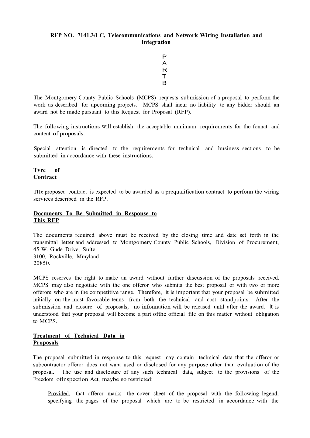 RFP NO. 7141.3/LC, Telecommunications and Network Wiring Installation and Integration