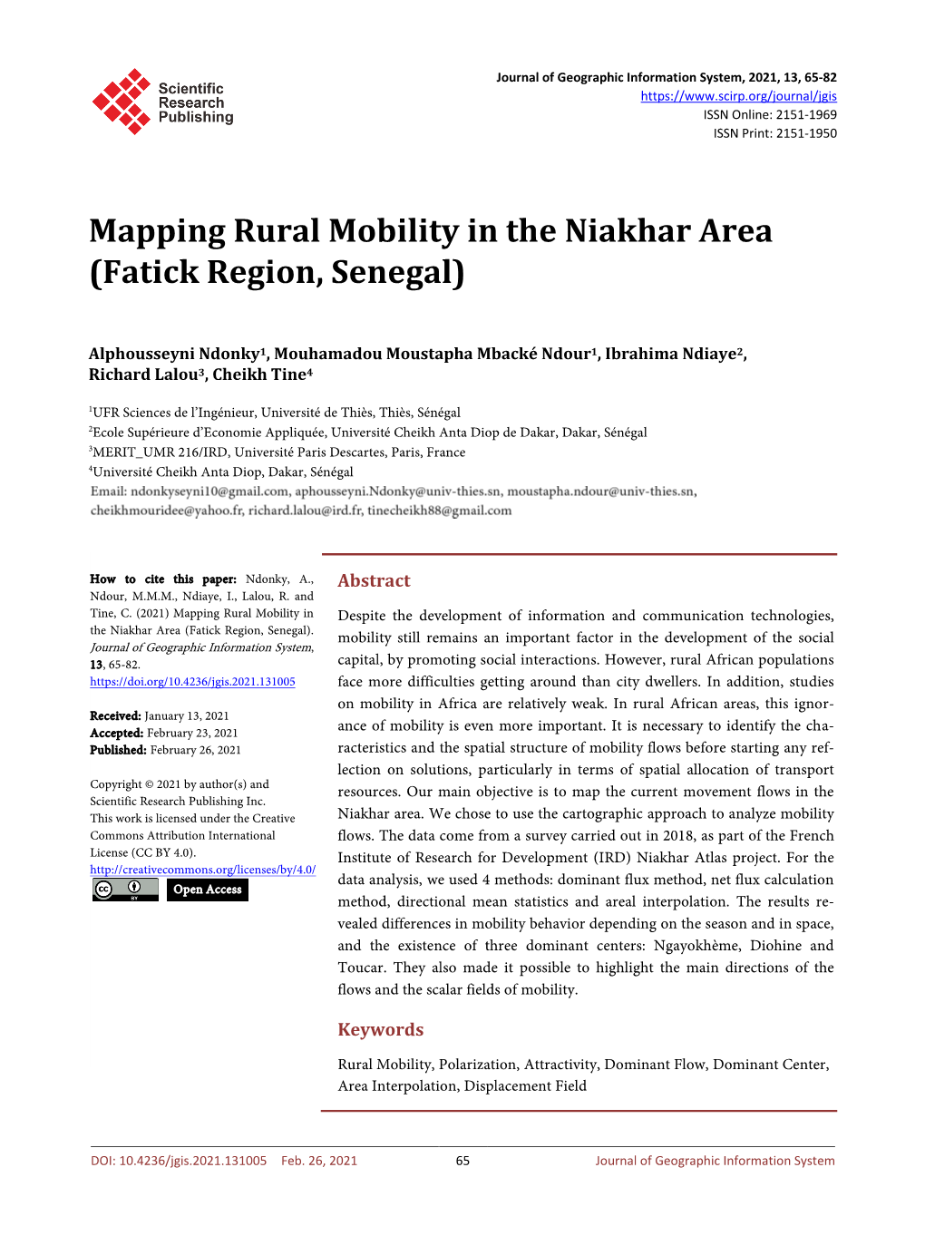 Mapping Rural Mobility in the Niakhar Area (Fatick Region, Senegal)