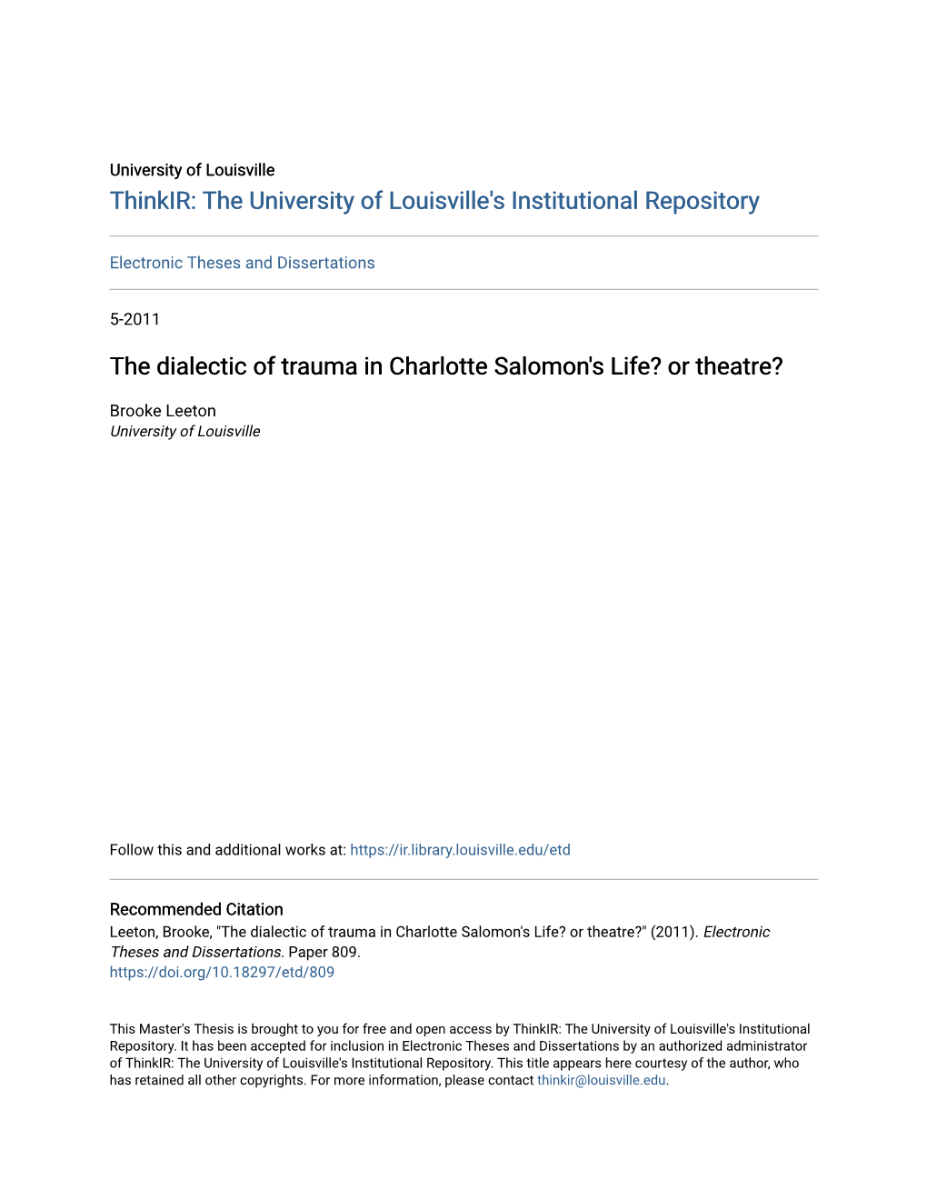 The Dialectic of Trauma in Charlotte Salomon's Life? Or Theatre?