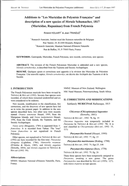 Les Muricidae De Polynésie Française" and Description of a New Species of Morula Schumacher, 1817 (Muricidae, Rapaninae) from French Polynesia
