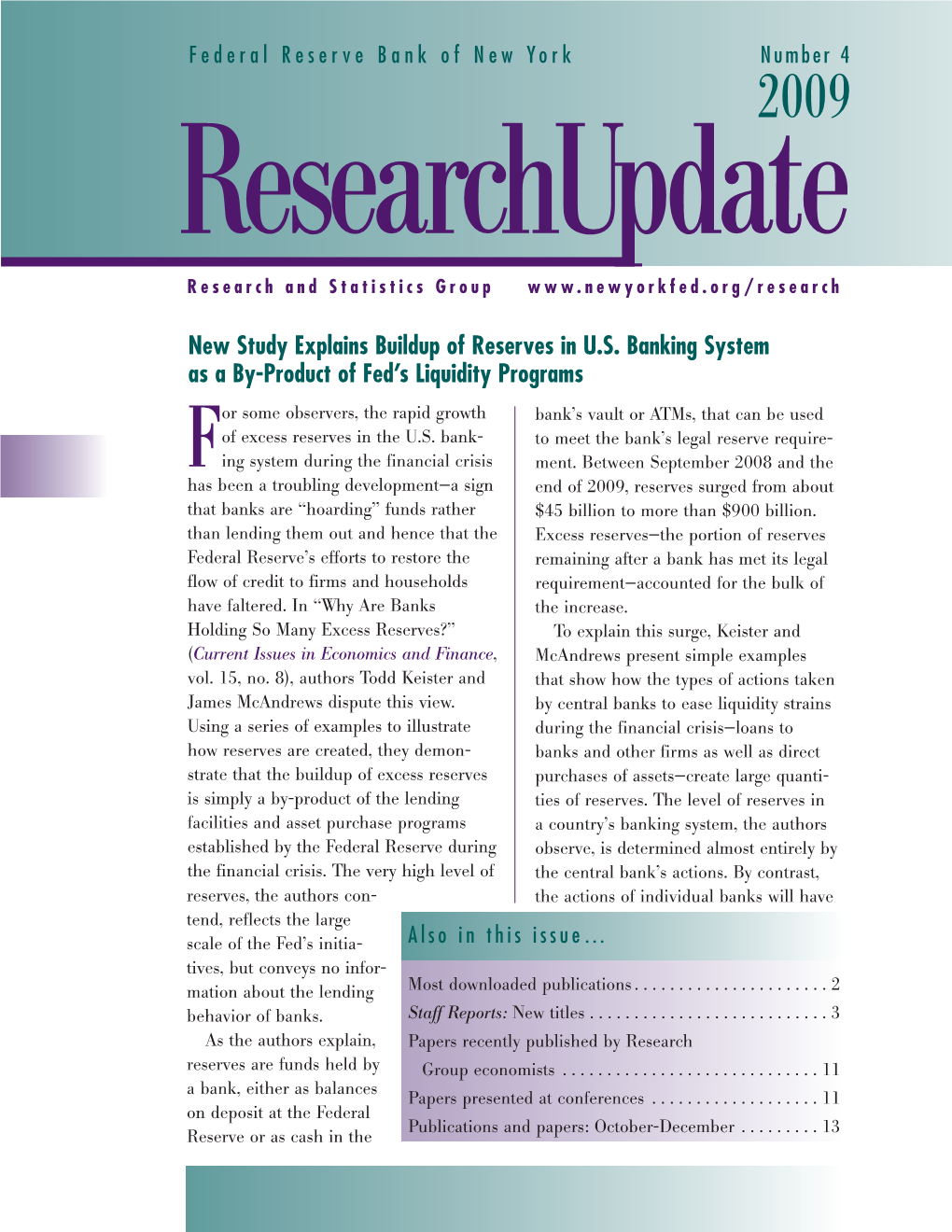 New Study Explains Buildup of Reserves in U.S. Banking System As a By-Product of Fed's Liquidity Programs