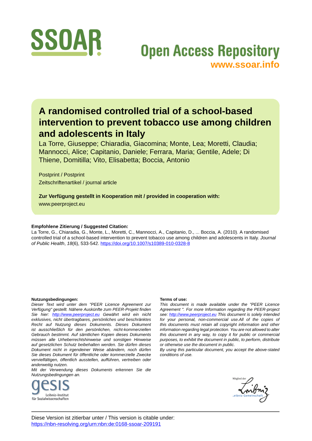 A Randomised Controlled Trial of a School-Based Intervention to Prevent Tobacco Use Among Children and Adolescents in Italy