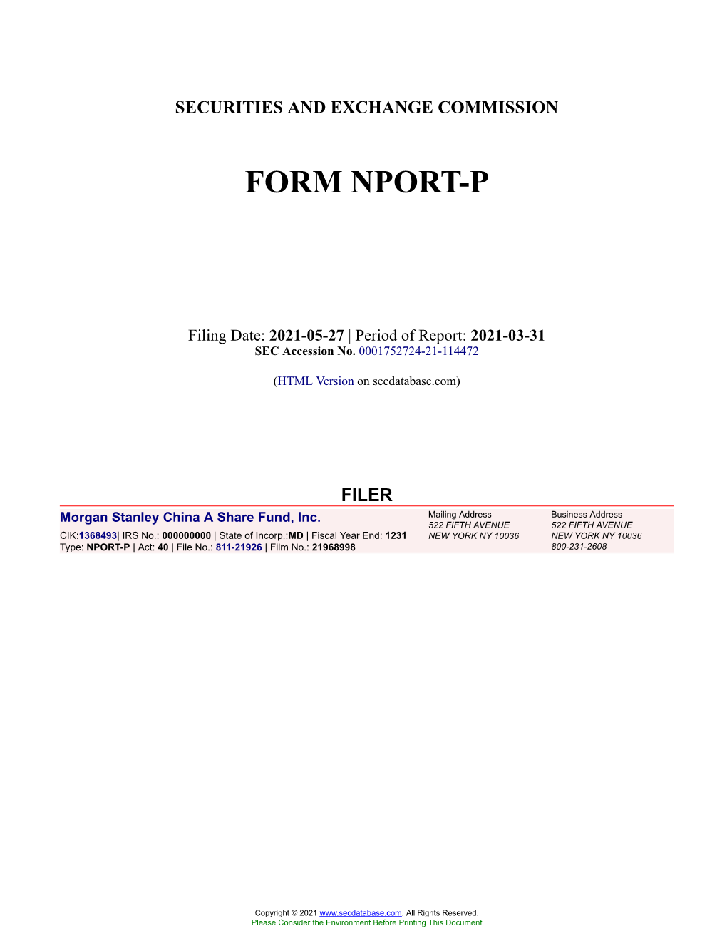 Morgan Stanley China a Share Fund, Inc. Form NPORT-P Filed 2021-05-27