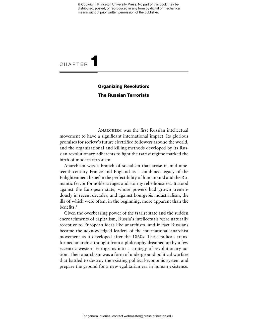 CHAPTER 1 Organizing Revolution: the Russian Terrorists ANARCHISM Was the First Russian Intellectual Movement to Have a Signific