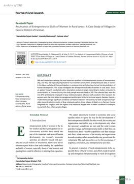 An Analysis of Entrepreneurial Skills of Women in Rural Areas: a Case Study of Villages in Central District of Fariman