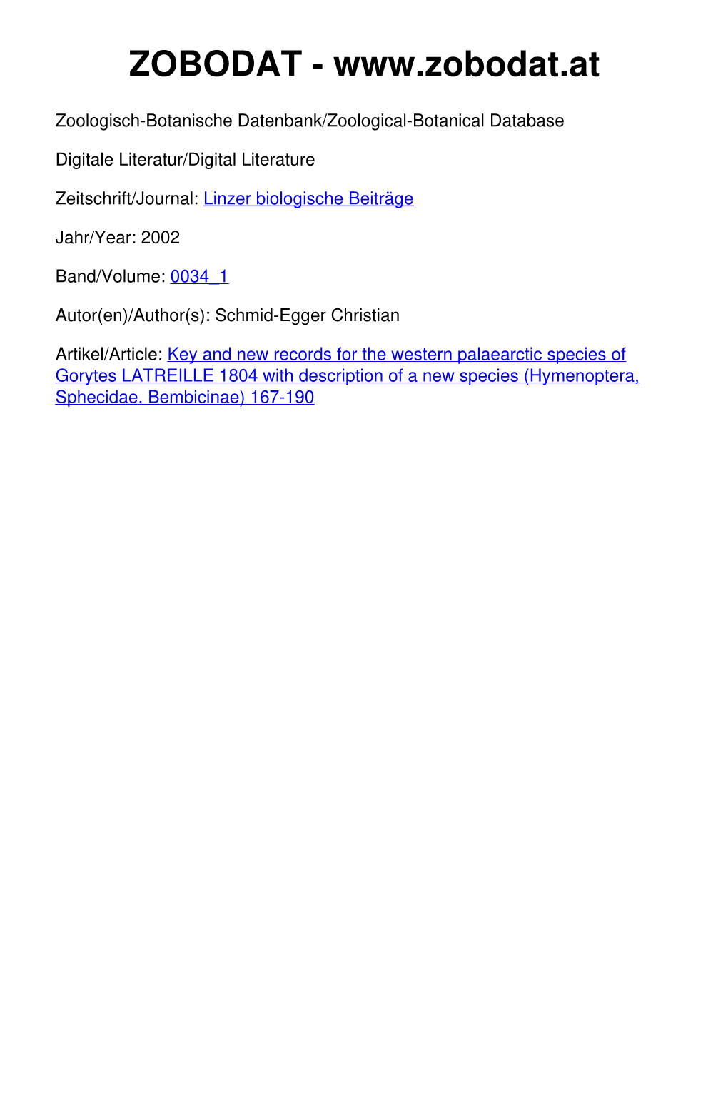 Key and New Records for the Western Palaearctic Species of Gorytes