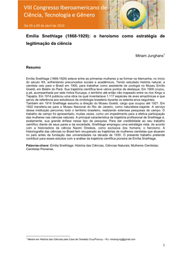 Emília Snethlage (1868-1929): O Heroísmo Como Estratégia De Legitimação Da Ciência